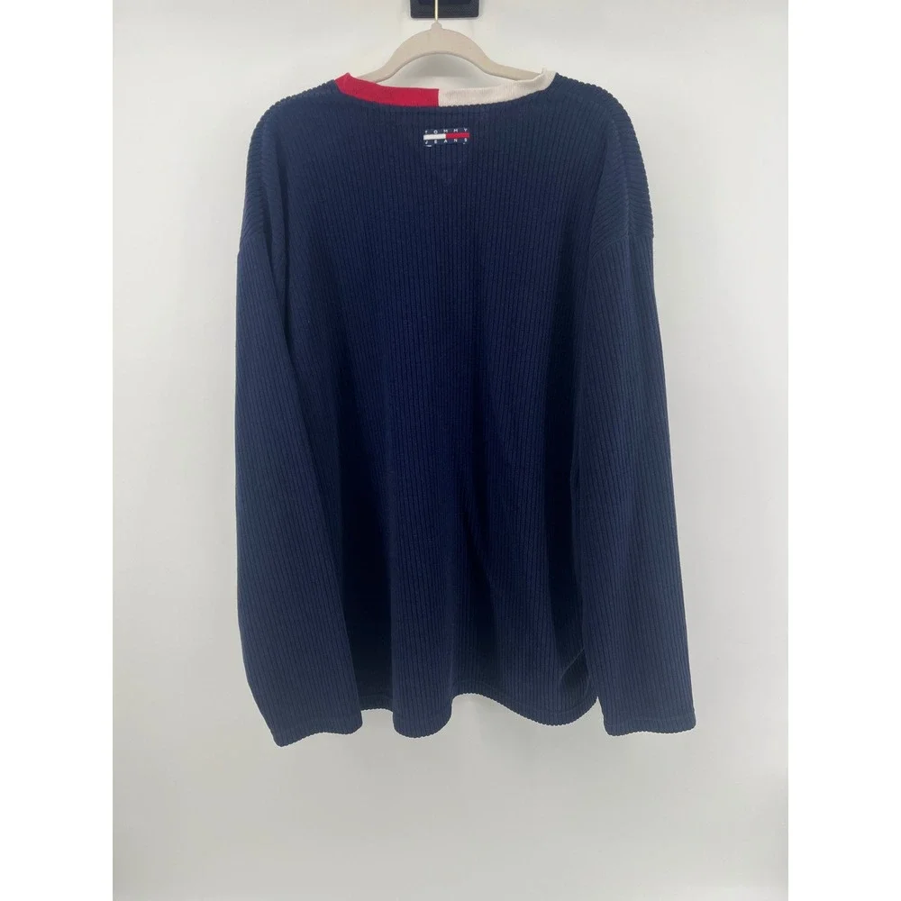 Vintage Tommy Jeans Ribbed V-Neck Sweater Navy Blue Red White Mens XL